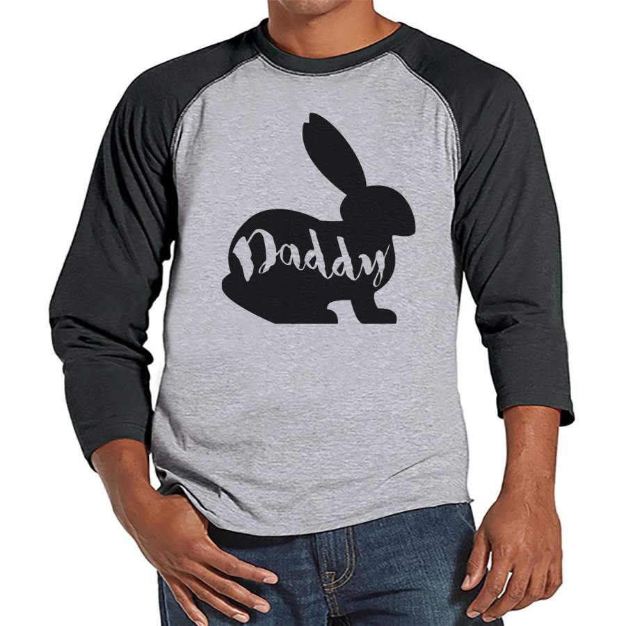 Men’s Easter Shirt – Mens Daddy Bunny Happy Easter Shirt – Happy Easter Tshirt – Gift for Him – Matching Family Bunny Shirts – Grey Raglan