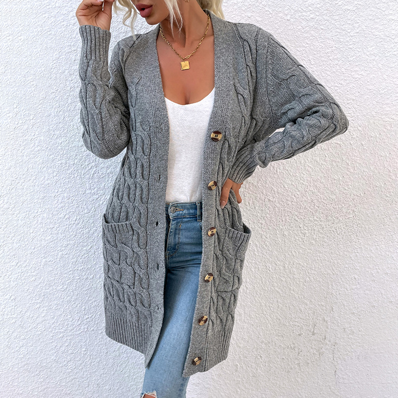 Women Knitted Long Sweater Cardigans Autumn Winter Long Sleeve Gold Button Pocket Knitwear Coat Outwear MMY-Z108011 alx