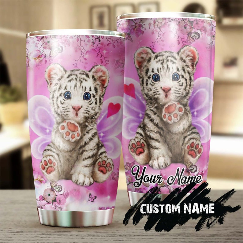 Baby Tiger With Butterfly Personalized Tumbler-Birthday Gift Christmas Gift For Butterfly Lover For Her