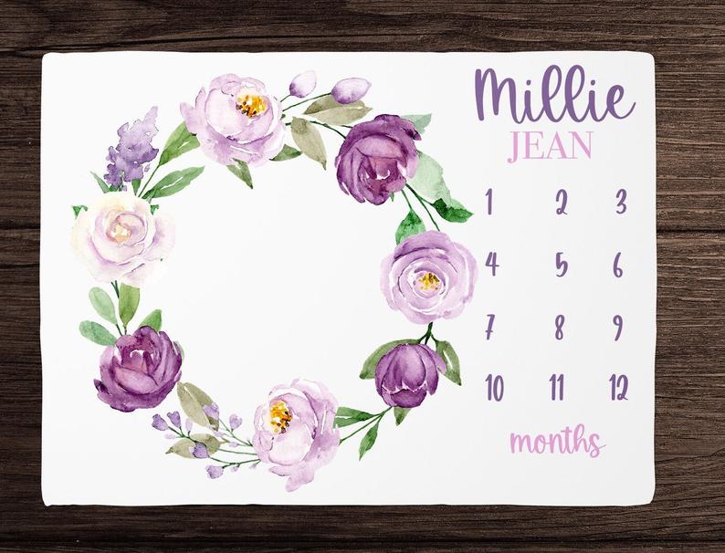 Baby Girl Milestone Blanket, Lavender Floral Monthly Growth Blanket, Personalized Baby Girl Blanket  , Custom Baby Shower Gift