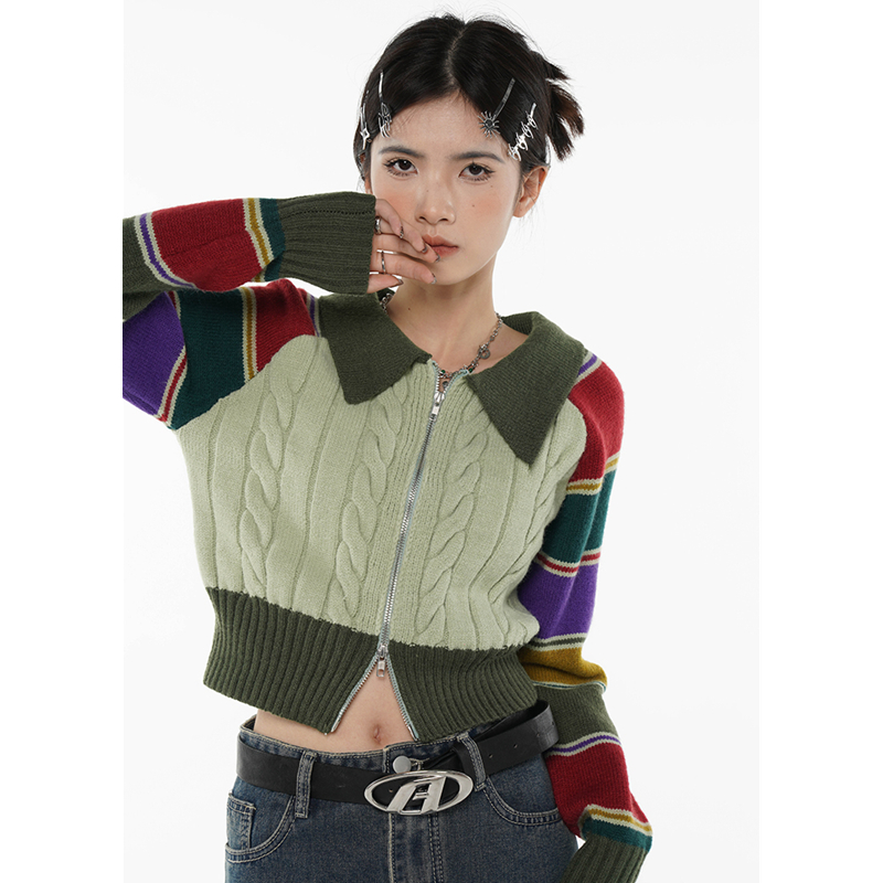 Women Green Stripe Short Sweater POLO Collar Color Contrast Fashion Retro Lazy Wind Winter Long Sleeves Knitting Cardigan Coat alx