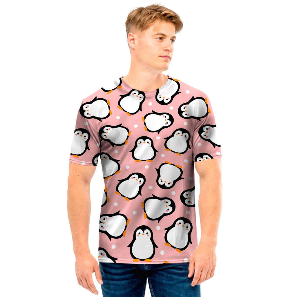 Pink Polka Dot Penguin Pattern Print Men’S T-Shirt