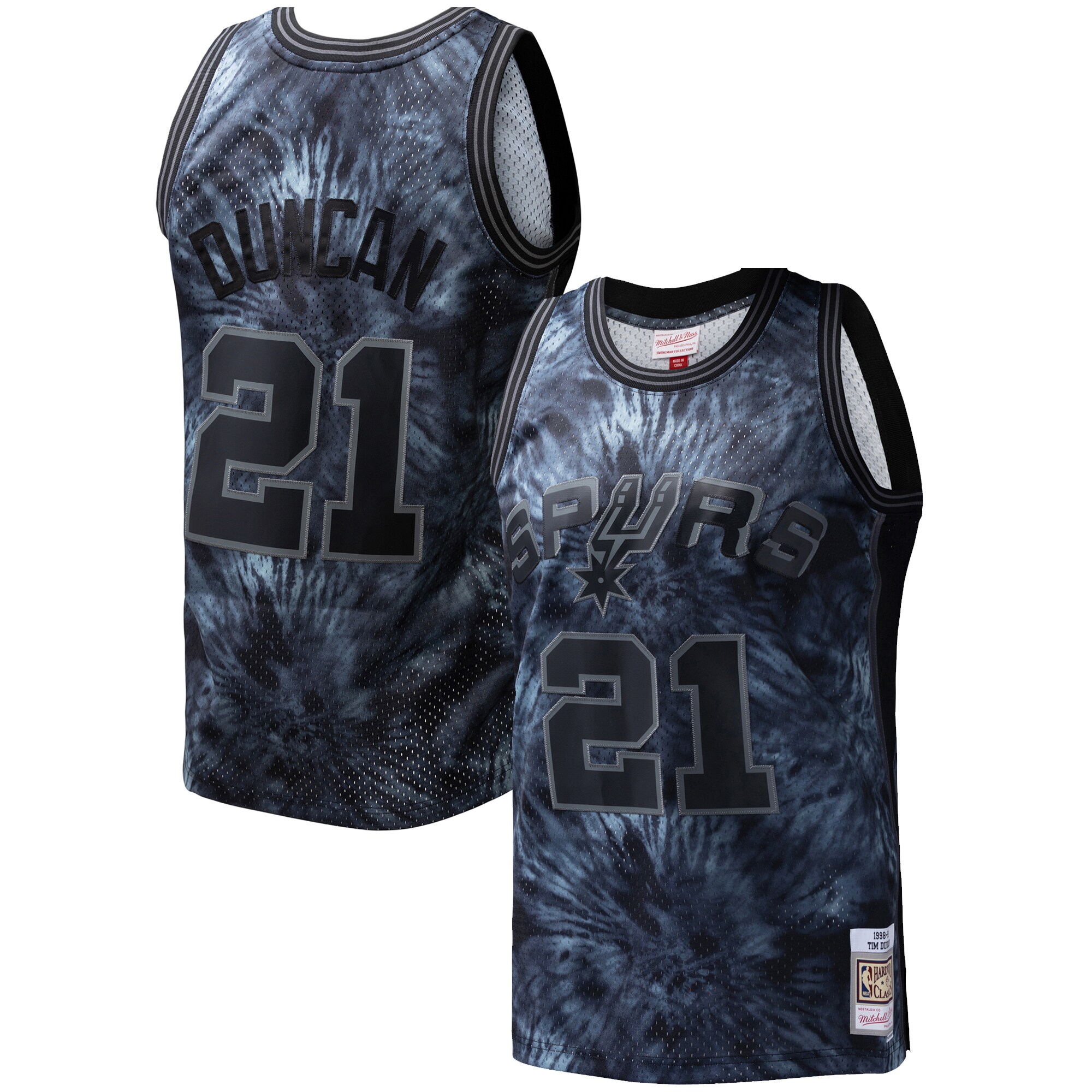 Tim Duncan San Antonio Spurs Mitchell & Ness Hardwood Classics 1998/99 Tie-Dye Swingman Jersey – Black