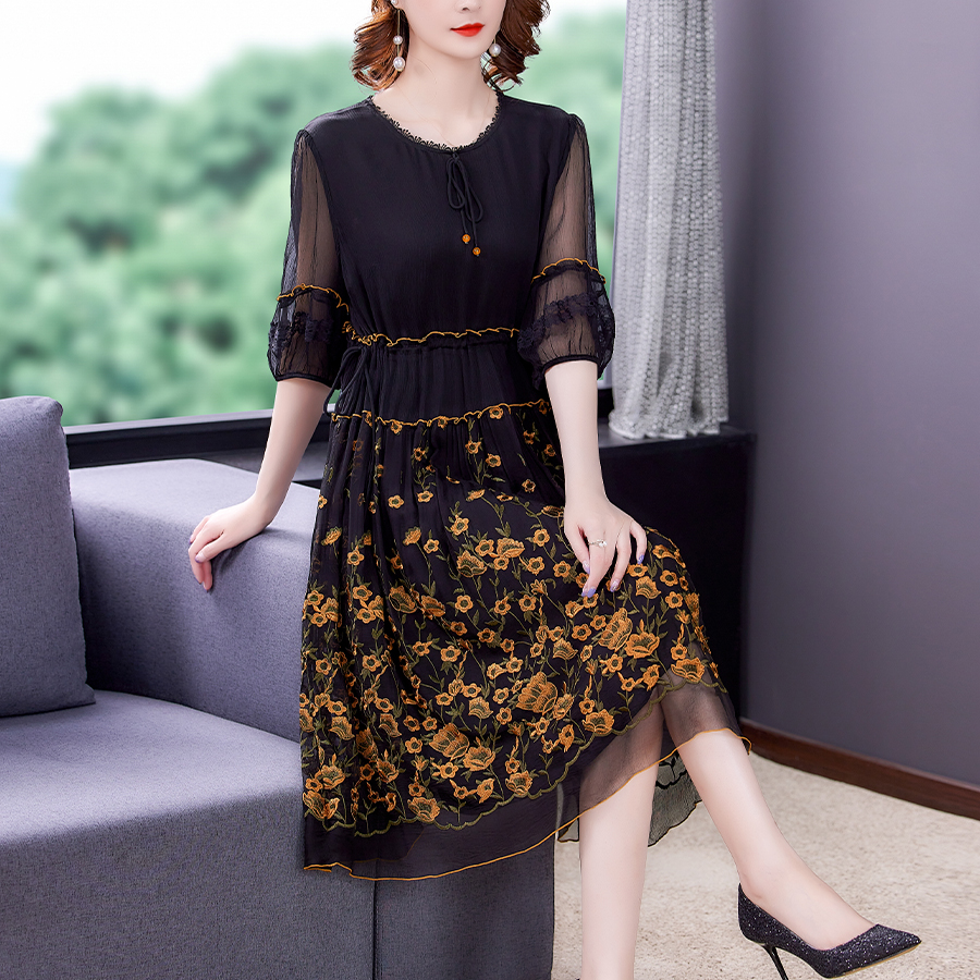 Summer Green Embroidery Mulberry Silk Hollow Out Sexy Midi Dress 2022 Women Fashion Light Short Sleeve Elegant Casual Dresses alx