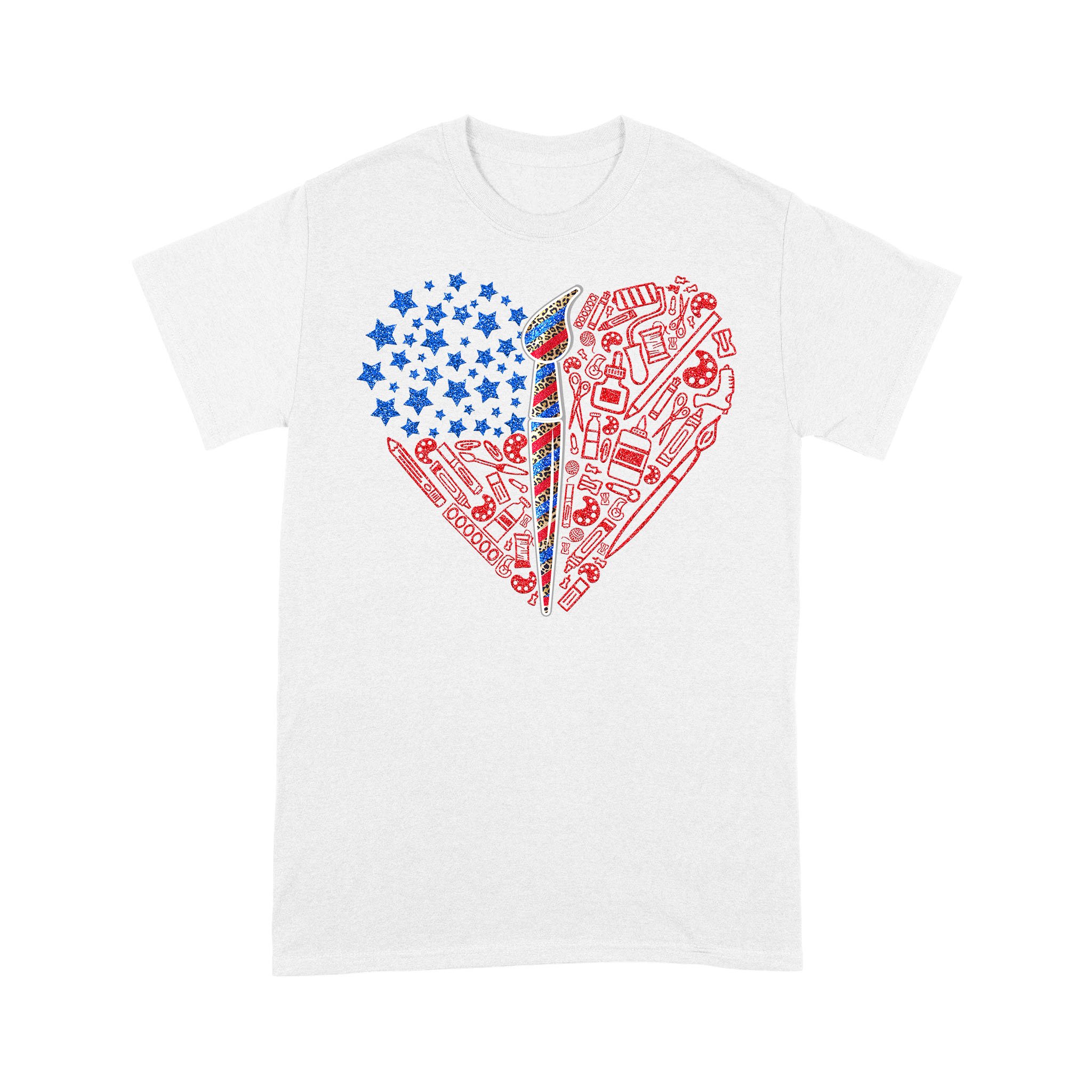 American Flag Leopard Art Teacher Heart Doodle T-Shirt – Premium T-shirt