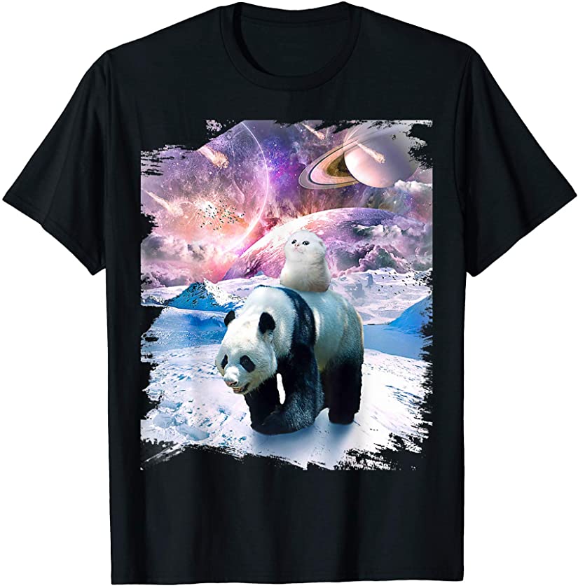 Cute Kitten Cat Riding Panda In Galaxy Space T-Shirt