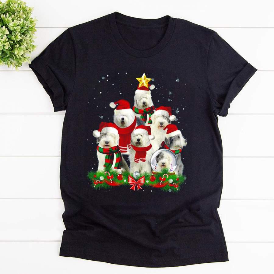 Christmas funny old english sheepdog dog  santa hat ornamet candy cane black cotton t shirt for men and women S-6XL