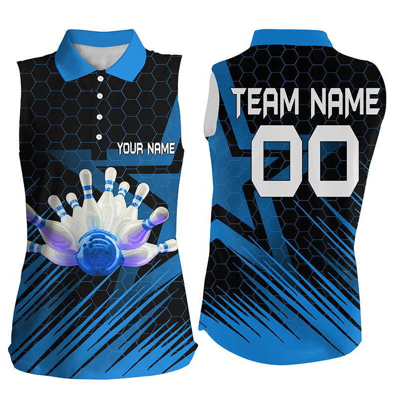 Blue Bowling Shirt For Women Custom Sleeveless Polo Bowling Jersey 3D Bowling Team Shirt For Women