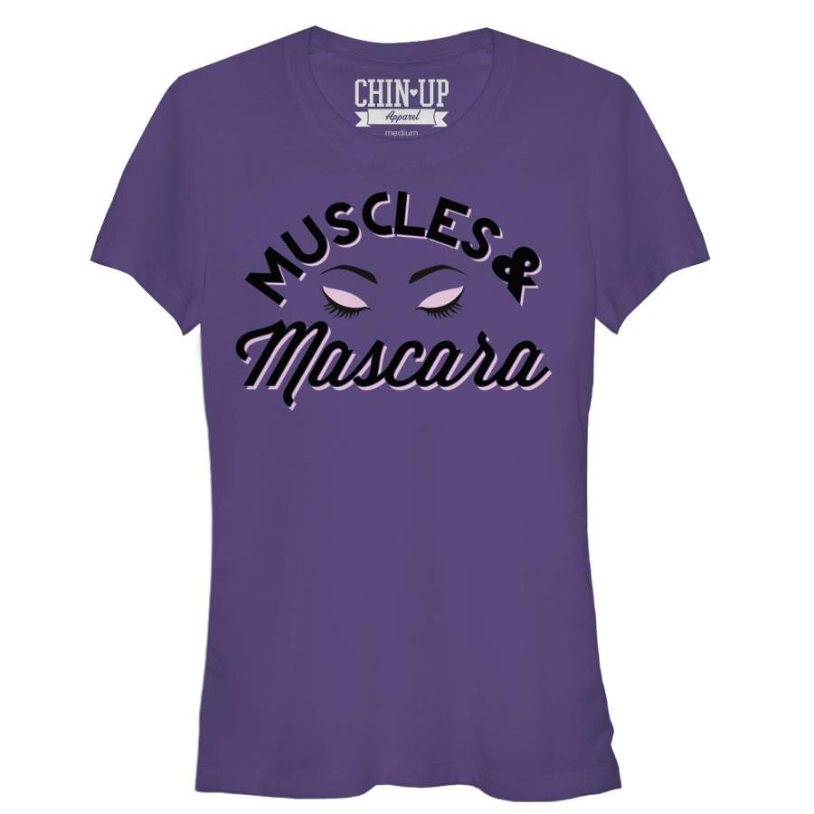 CHIN UP Junior’s Muscles and Mascara Eyelashes  T Shirt Purple S