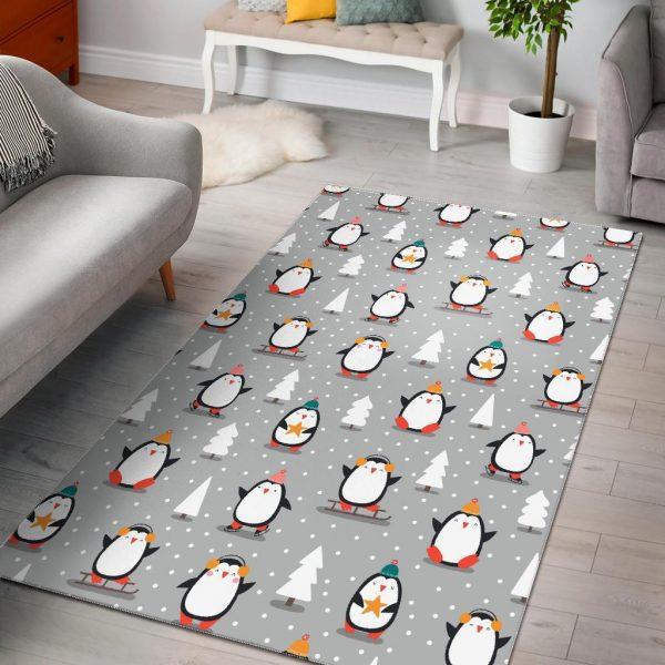 Christmas Tree Penguin Pattern Print Home Decor Rectangle Area Rug