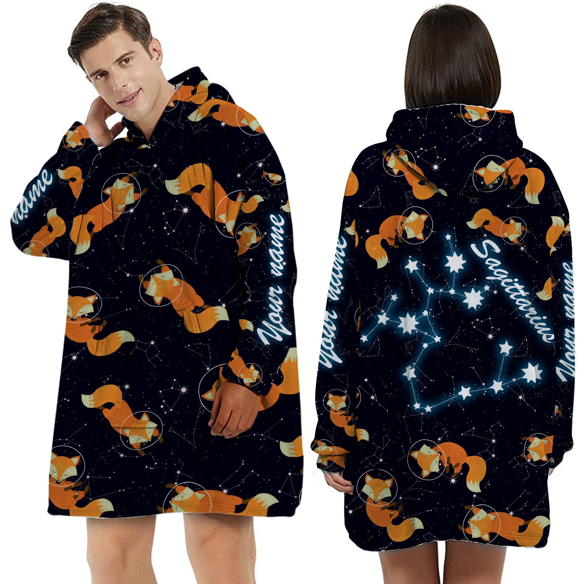 Zodiac Sagittarius Foxes Custom Name Huggle Hoodie For Animal And Astronomy Lovers