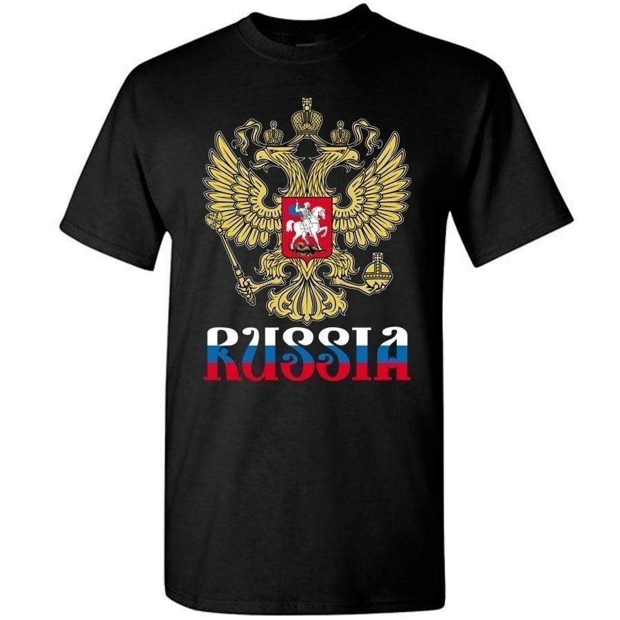 Russian Graphic 100% Cotton Black TShirt Russia Flag Doube Headed Eagle