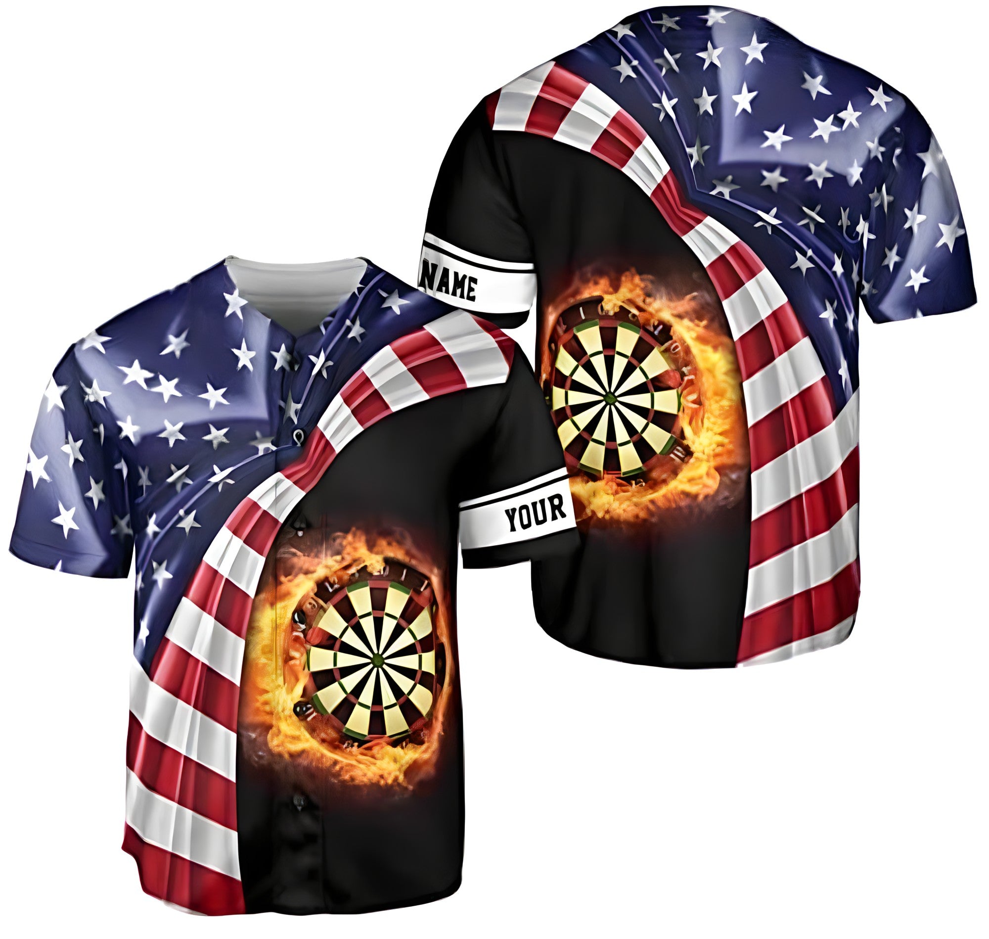 Personalized Dartboard Fire Usa Flag Baseball Jersey, Flag 3D Shirt, Dart Baseball Jersey For Her Him