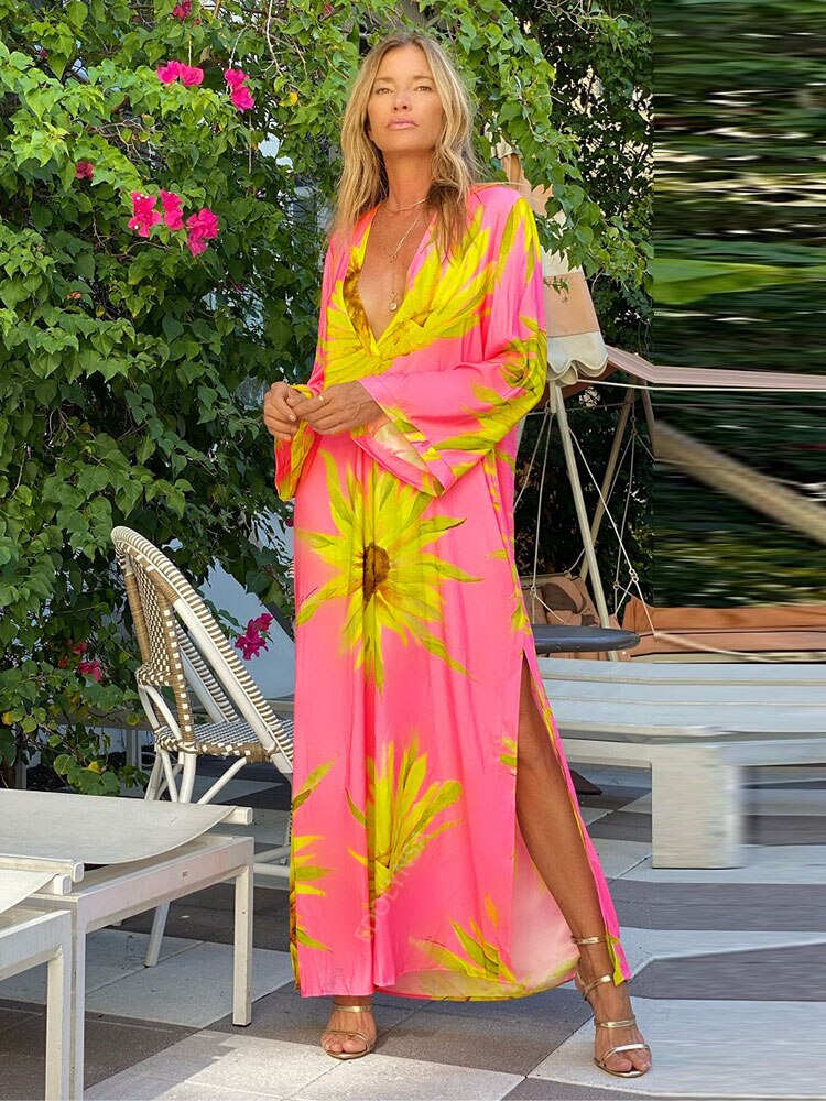 2022 Print Retro Embroidered Green Bat sleeve Kaftan Woman Clothes Vintage Tassel Summer Dress Beach Wear Maxi Dresses A1048 alx