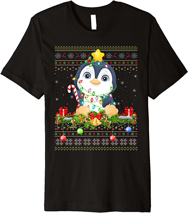 Penguin Bird Lover Xmas Lights Ugly Penguin Christmas Premium T-Shirt