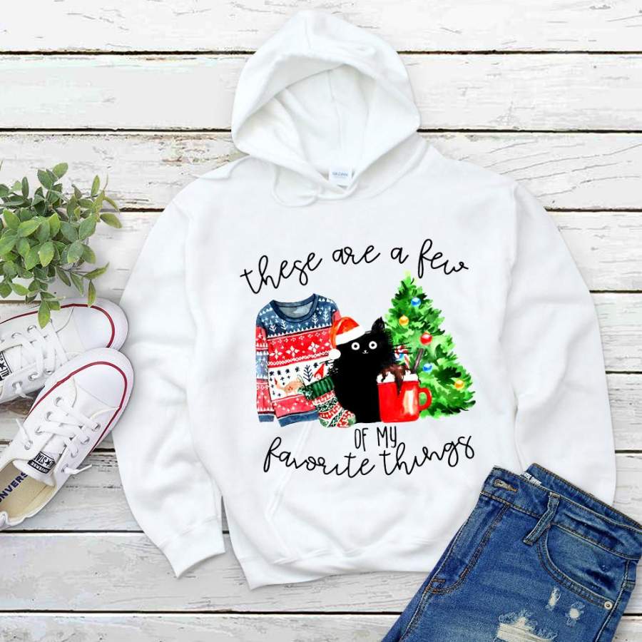 Black cat there are few favorite things xmas tree ornament coffee candy cane white hoodie for men and women S-5XL