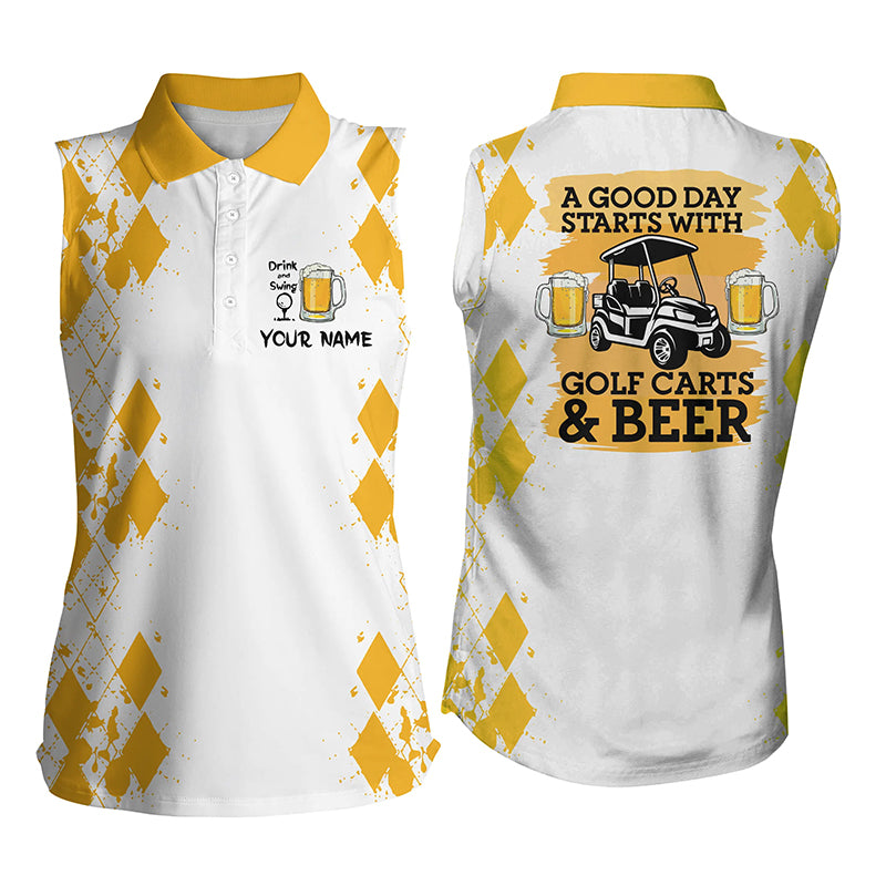 Women Sleeveless Polo Shirt Custom A Good Day Starts With Golf Carts And Beer, Funny Golf Beer Shirts