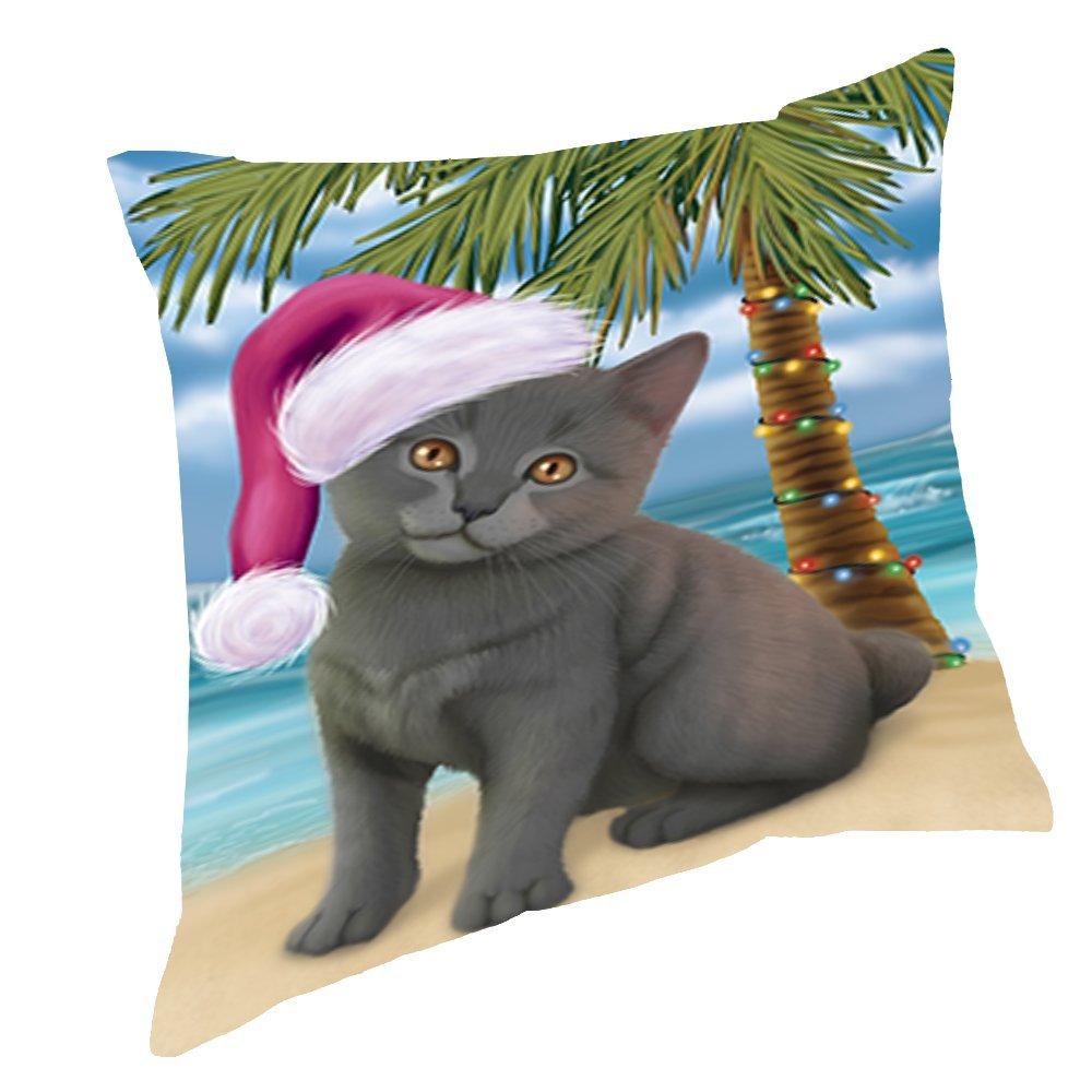 Summertime Christmas Happy Holidays Chartreux Kitten On Beach Throw Pillow Pil1460