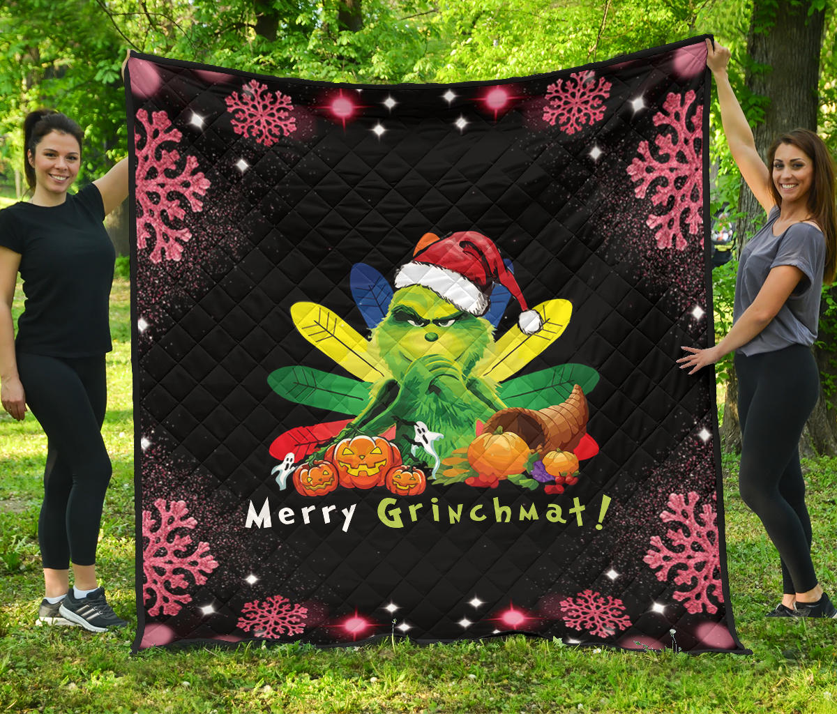 Christmas Premium Quilt | Merry Grinchmat Pumpkin Vegetables Pink Snowflake Quilt Blanket Na100403