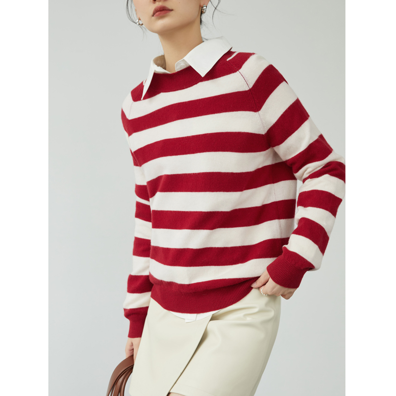 ZIQIAO Simple Style 100% Wool Retro Red and White Stripes Sweater Women 2022 Autumn Winter Cozy Wind Sweater Pullover Female alx