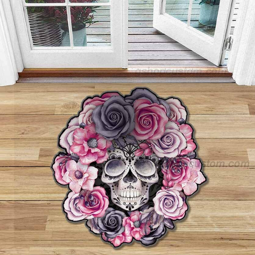 Sugar Skull Mexico Tattoo Roses Flower Shaped Doormat Rug Home Living Decor Carpet – Sdm-A0011