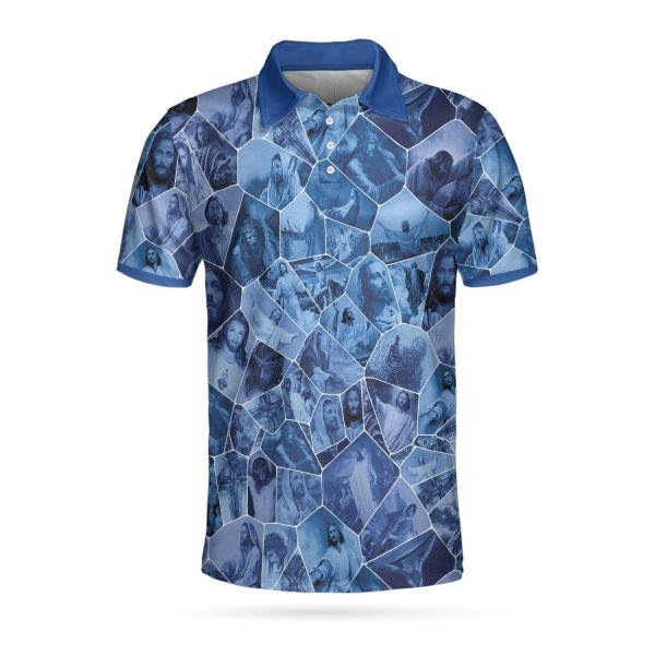 Holy Blue Stained Glass Short Sleeve Polo Shirt Blue Polo Shirt For Men And Women Jesus Polo Shirt