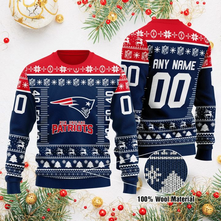 New England Patriots Custom Name Number Red Blue Gift For Fan Ugly Wool Sweater Christmas V2