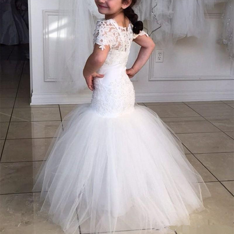 Beautiful Junior Girls White Mermaid Half Sleeves Lace Wedding Birthday Party Dresses Big Kid Flower Dresses Gowns 2021 alx