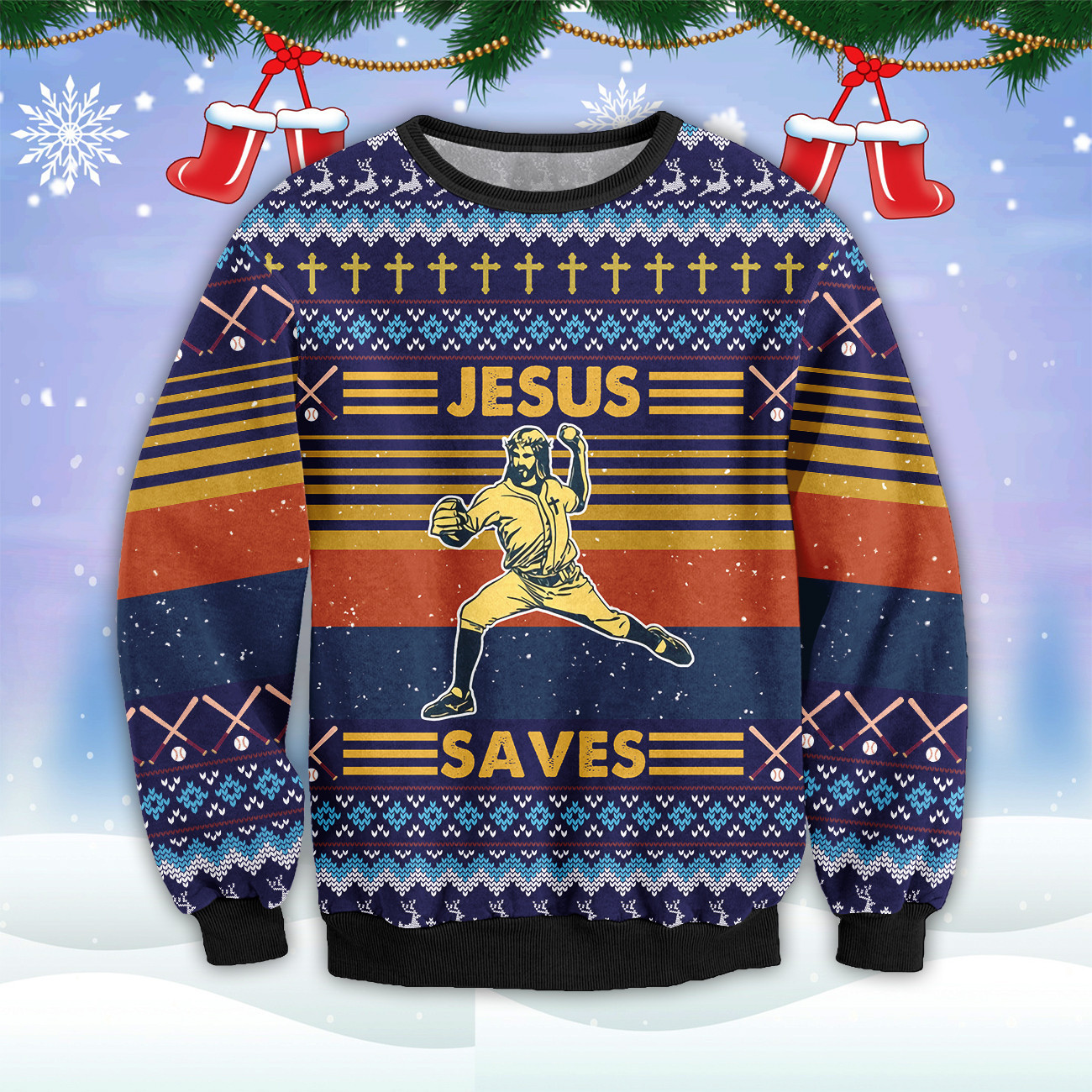 Christmas Baseball Jesus Save Cool Gifts Unisex Ugly Sweater #Dh