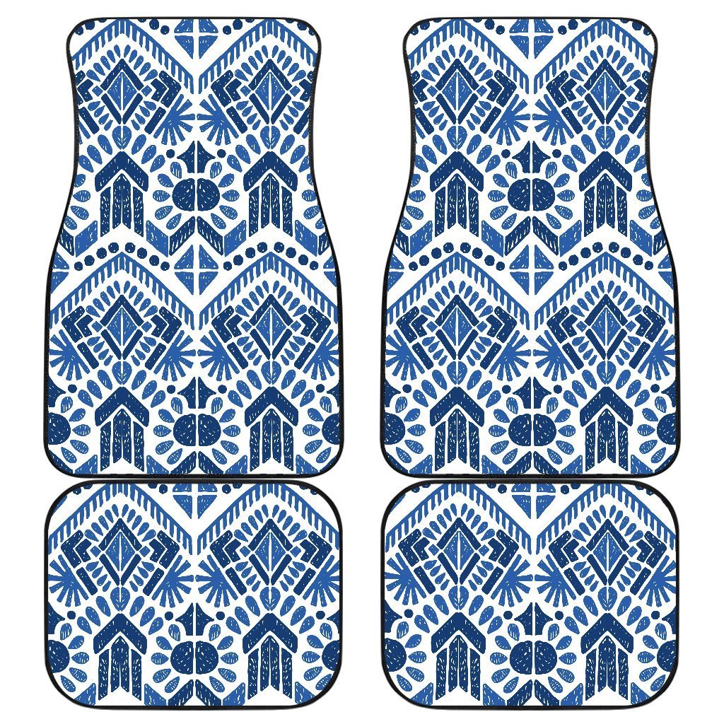 Blue And White Aztec Pattern Print Front And Back Car Floor Mats, Front Car Mat