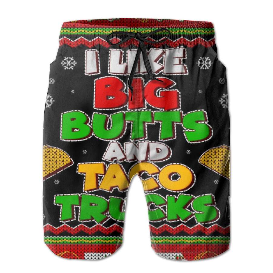 2 Pack Funny I Like Big Butts And Tacos Trucks Ugly Christmas Poster Men Swim Trunks Drawstring Elastic Waist Quick Dry Beach Shorts with Mesh Lining Swimwear Bathing Suits