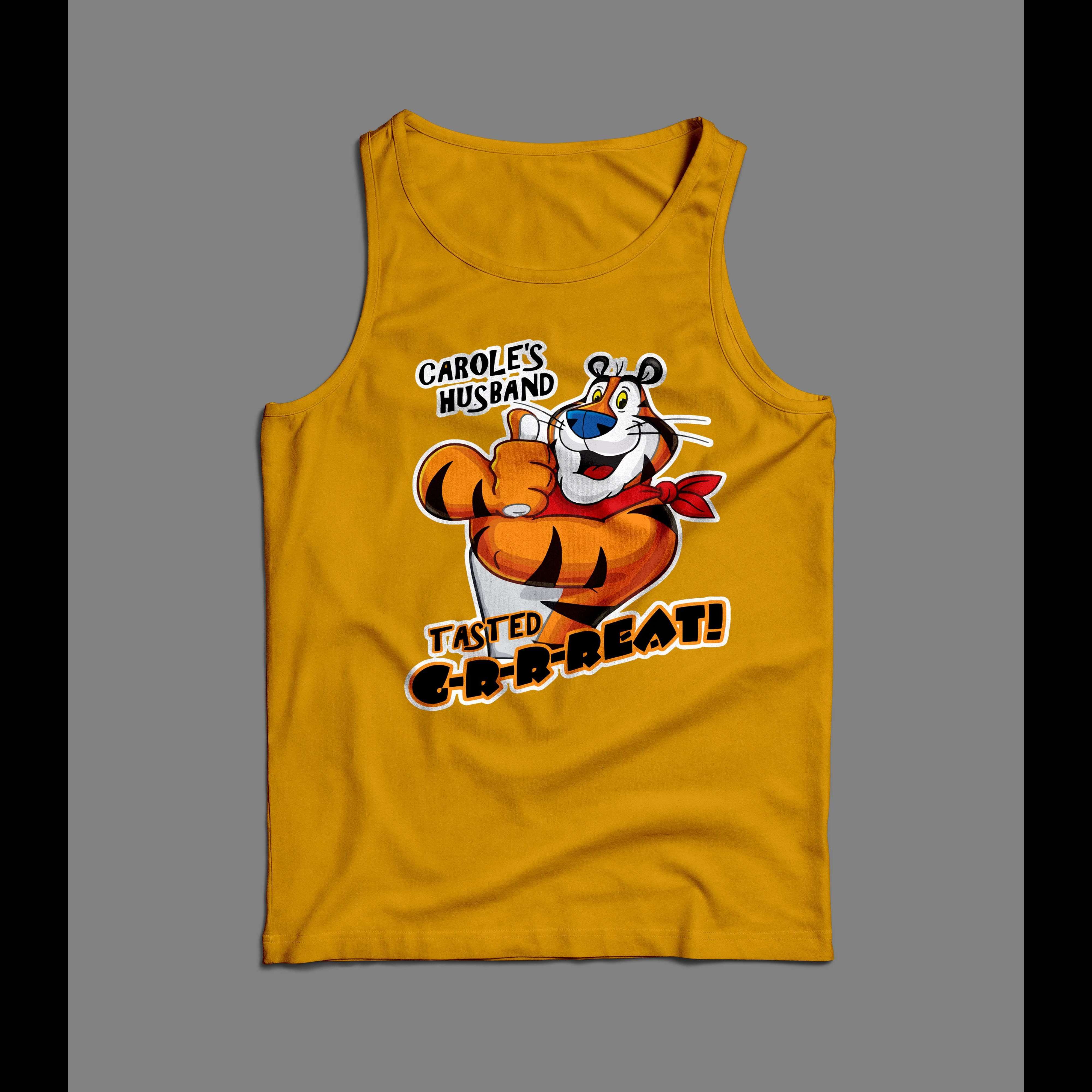 CAROLE BASKIN HUSBAND TASTED GREAT CEREAL PARODY SHIRT *TIGER KING JOE EXOTIC TANK TOP