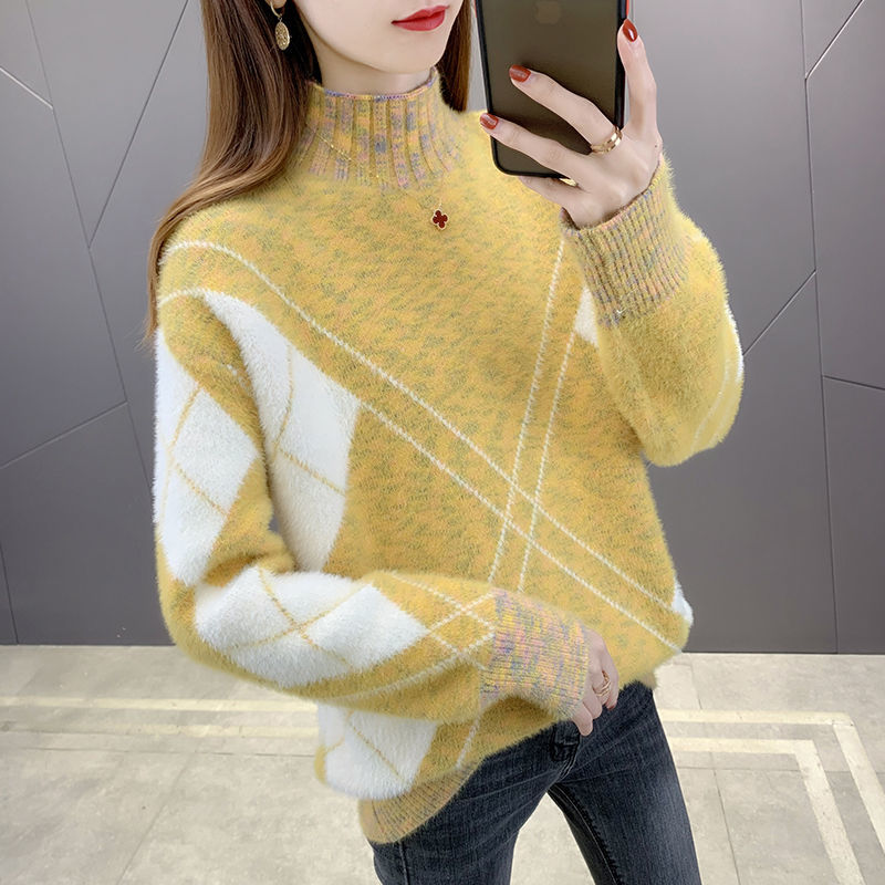 Women Oversize Sweater Long Sleeve Pullover Jumper 2021 Winter Loose Warm Clothes Elegant Korean Style Fashion Female Argyle Top alx