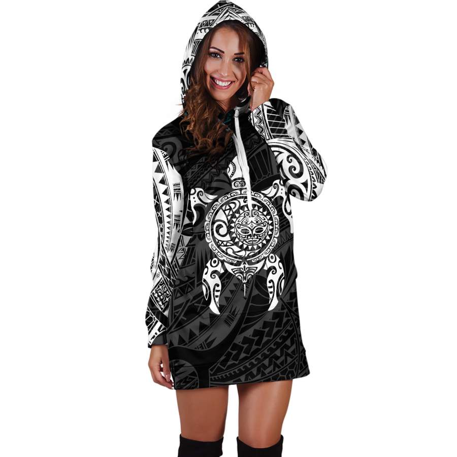 Turtle Maori Tattoo All Over Hoodie Dress White