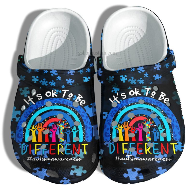 Blue Rainbow Autism Sign Hand Shoes For Girl Son Daughter – Its Ok To Be Different Autism Awareness Shoes Croc Clogs