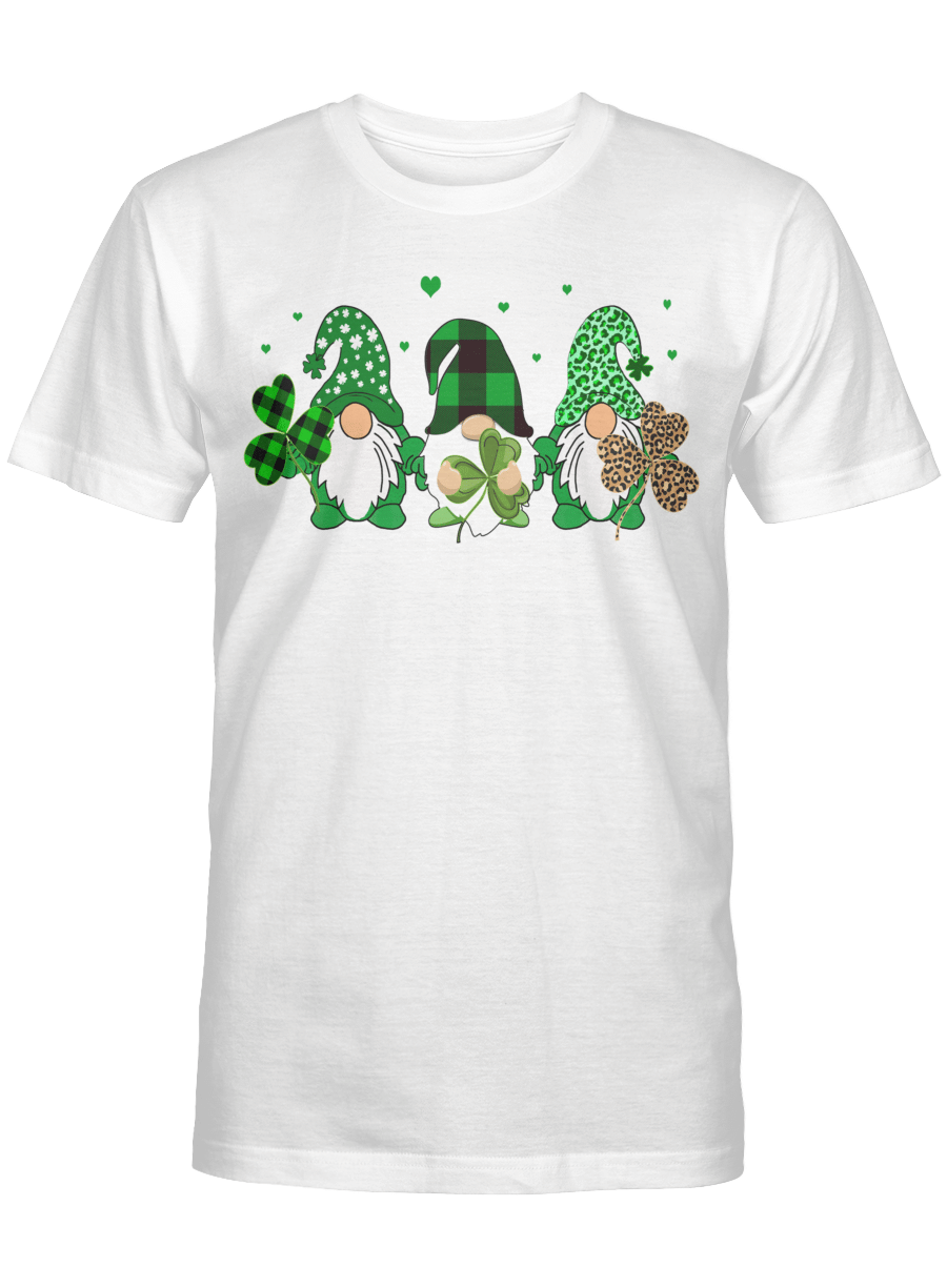 Three Gnomes Holding Shamrock Leopard Plaid St Patrick’S Day Shirt