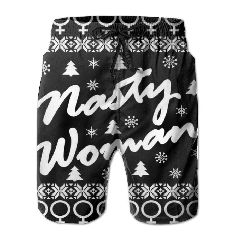 2 Pack Nasty Woman Ugly Christmas Sweater Design Hillary Clinton Poster Men Swim Trunks Drawstring Elastic Waist Quick Dry Beach Shorts with Mesh Lining Swimwear Bathing Suits