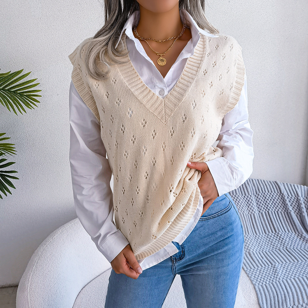 2022 Autumn Women’s New Fashion, Solid Color, Leisure, Hollowed Out V-neck Knitwear, Vest, Sweater, alx