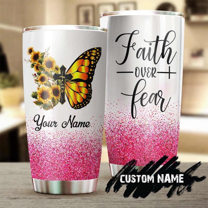 Jewelry Butterfly Cross Faith Over Fear Personalized Tumbler-Birthday Christmas Gift For Jesus Lover Catholic Christians