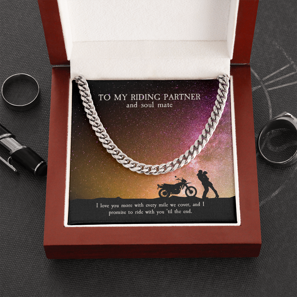 To My Riding Partner And Soul Mate, Cuban Link Chain Masculine Necklace For Riding Partner, Motorcycle Lovers Gift