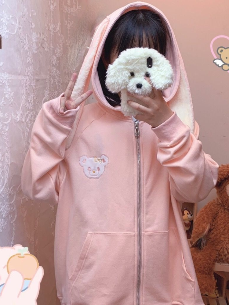 Kawaii Bunny Ears Hoodie Pink Zip Up Sweatshirt Funny Cartoon Embroidery Tracksuit Cute Tops Korean 2022 Long Sleeve Pullovers alx