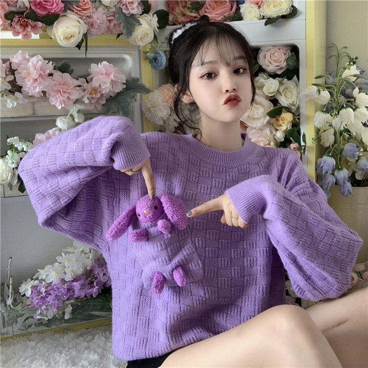 Sweet Purple White Lady Lovely Pullover Sweater Autumn Winter Women Kawaii Ribbit Toy O Neck Student Sweaters Korean Knitted Top alx