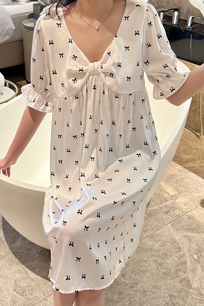 Summer Casual Night Dress Sleepwear Nightgown Printing Bow V Neck Short Sleeve Ruffles Sleep Dress Ice Silk Bow Home Clothes alx