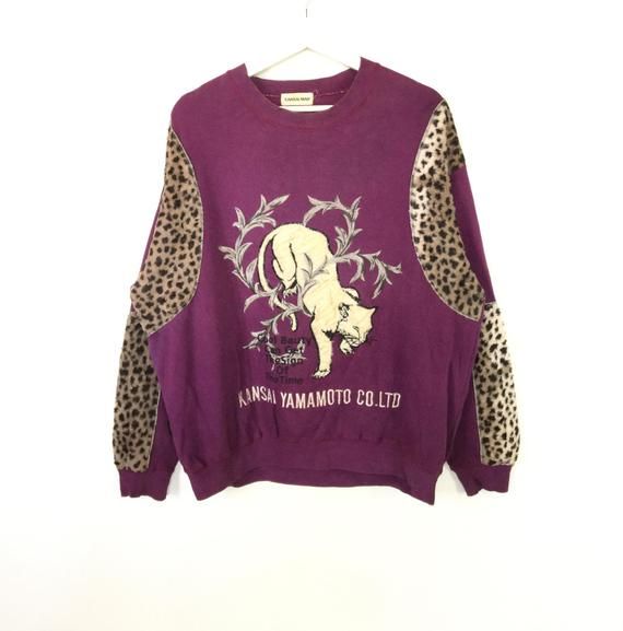 Rare Kansai man embroidered big logo velvet leopard vintage sweatshirt kansai yamamoto legendary japanese designer