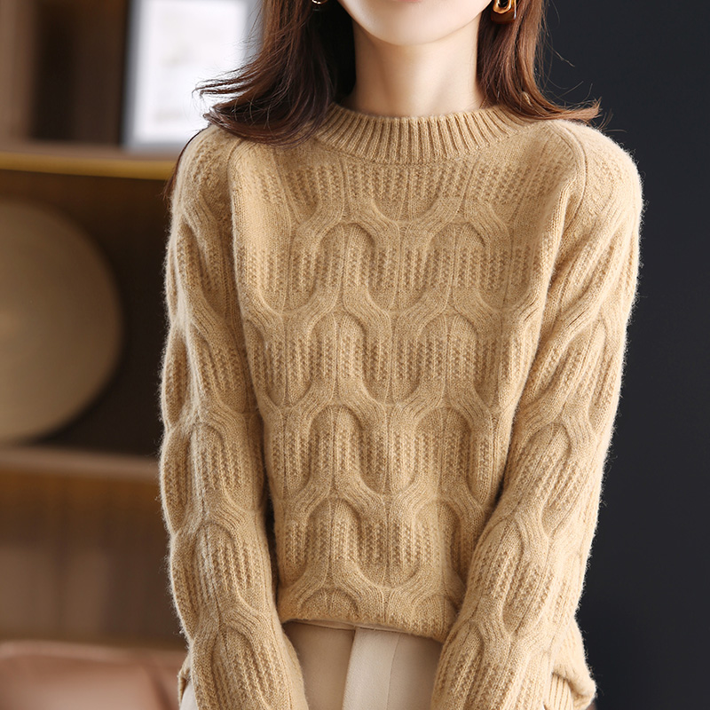 100 % Wool Autumn And Winter Thickening Knitted Sweater Women ‘s Half-High Long Sleeve Jacquard With Comfortable Casual Sweater alx