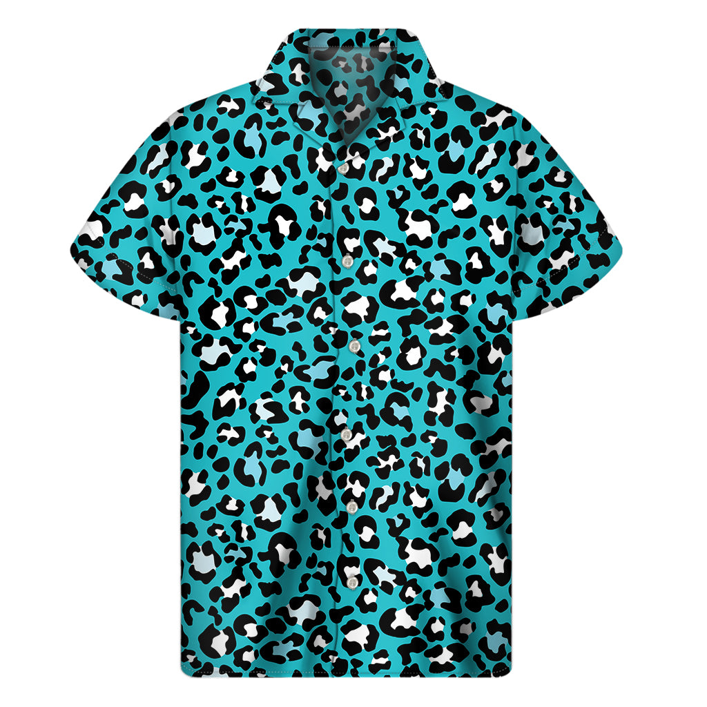 Turquoise Leopard Print Men’S Short Sleeve Shirt