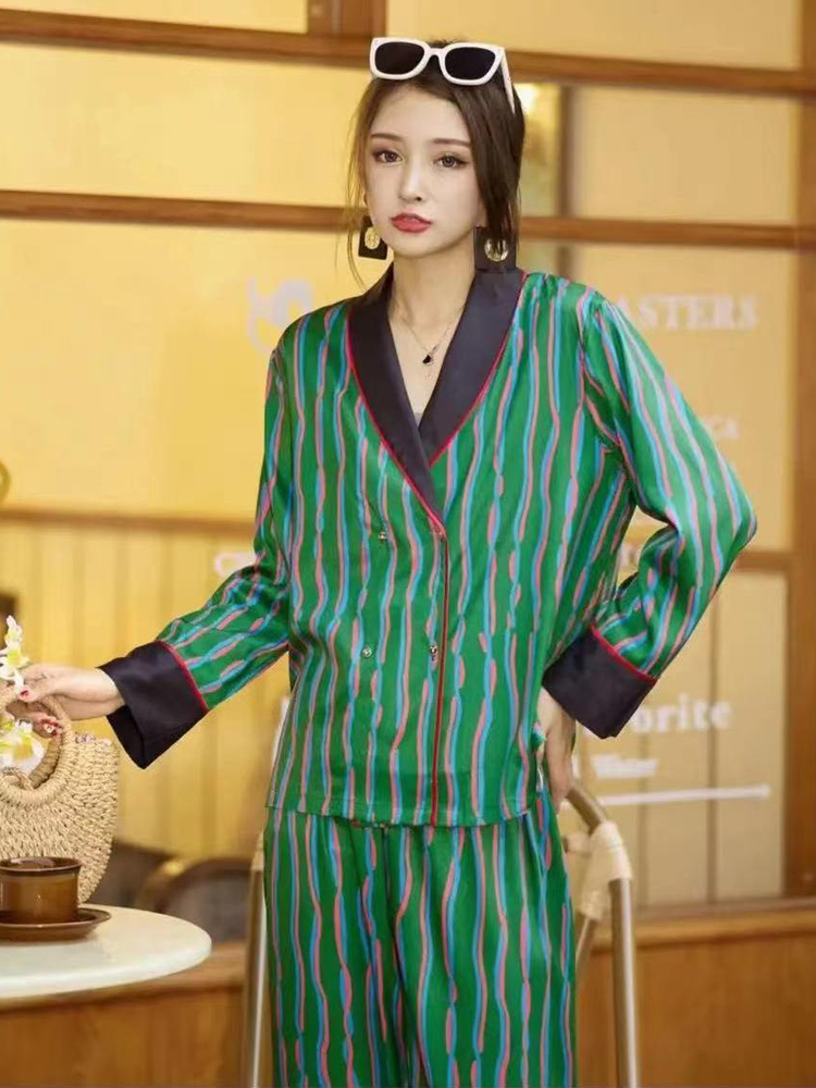 2022 New Satin Green Stripte 2 Pieces Set Pijamas Women Vintage Sleepwear Elegant Silk Long Sleeve Pants Autumn Home Suit Outfit alx