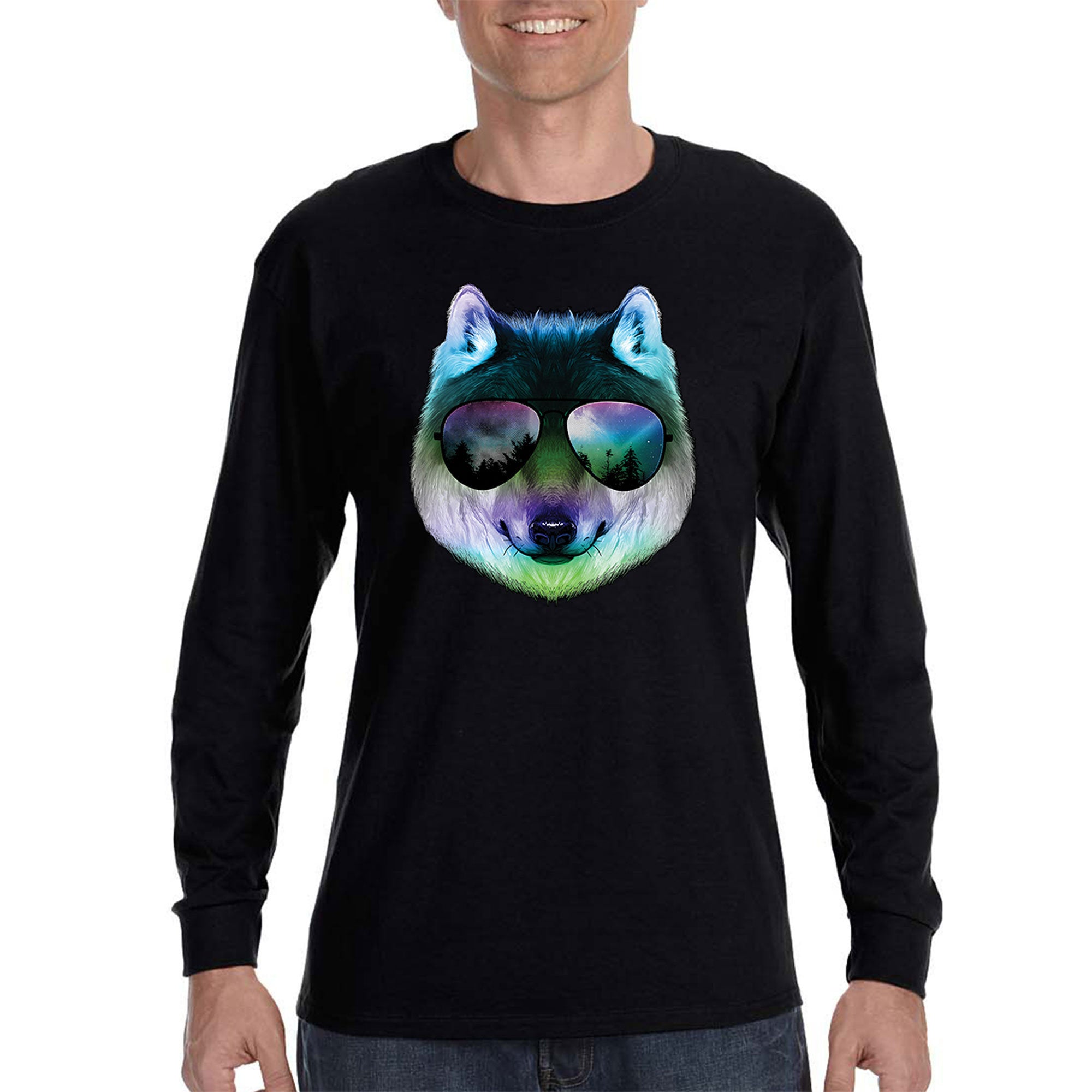 Xtrafly Apparel Men’S Night Wolf Zoo Cosmic Animal Fox Summer Long Sleeve T-Shirt