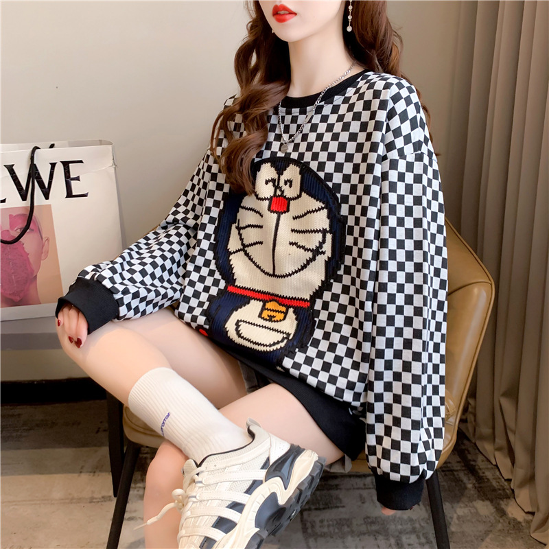 2022 spring autumn Doraemon top Hoodie checkerboard cartoon sweater women thin girl fashion sweater alx