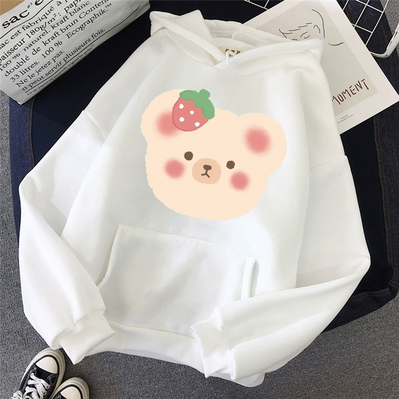 Women Strawberry Bear Cute Hoodie Hooded Sweatshirts Kawaii Printing Long Sleeves Pullover Hoodies Men Loose Female Cloth alx